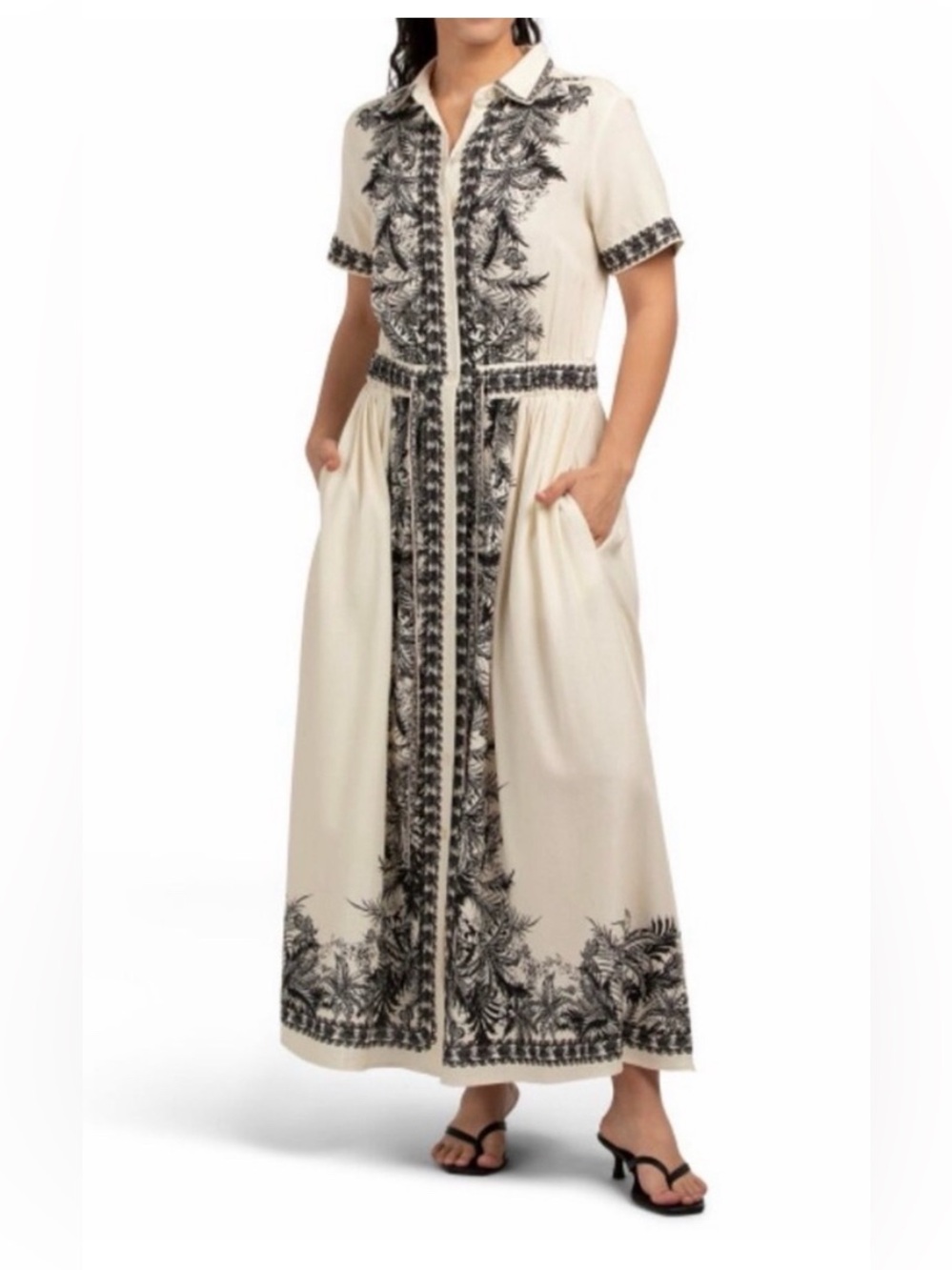 Max Studio Cream Maxi Shirt Dress with Black Botanical Trim
